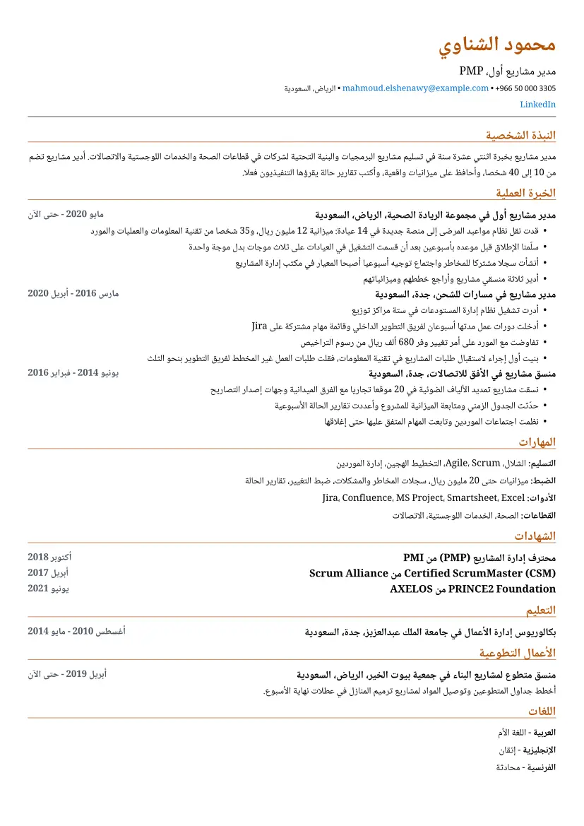 نموذج سيرة ذاتية لـ مدير مشاريع بتصميم عامود واحد