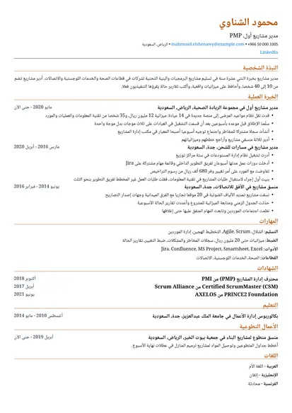 نموذج سيرة ذاتية لـ مدير مشاريع بتصميم عامود واحد