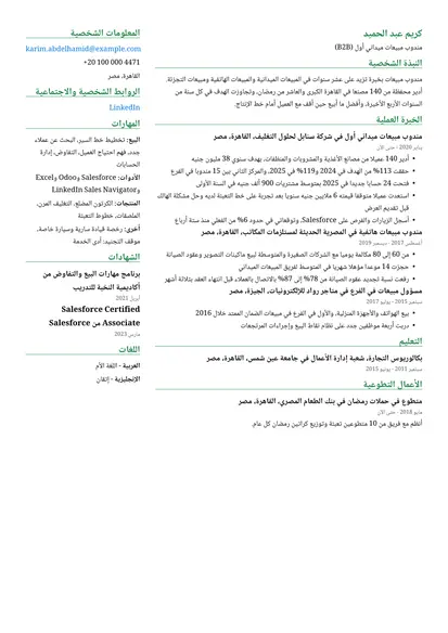 نموذج سيرة ذاتية لـ مندوب مبيعات بتصميم عمودان
