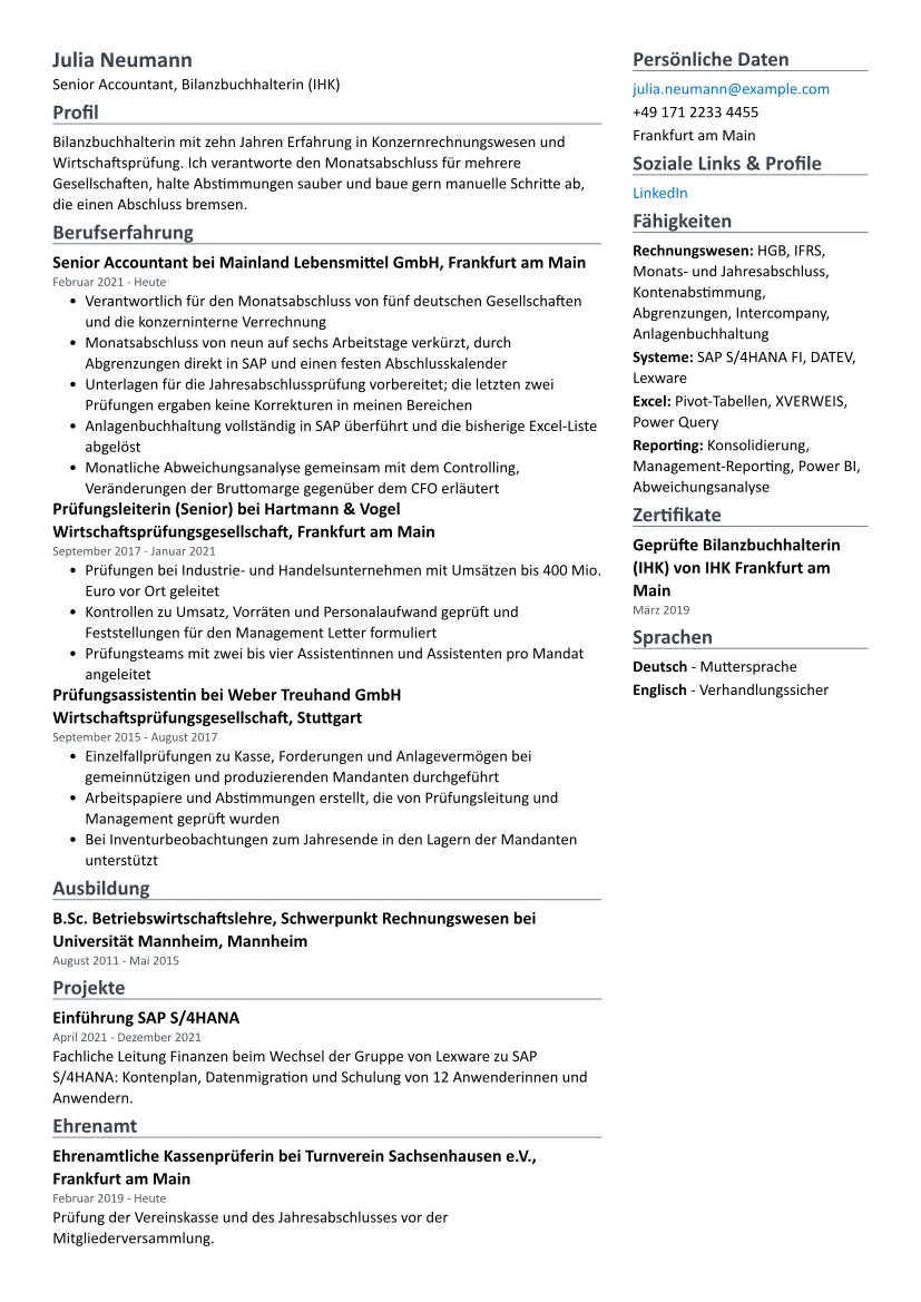 Beispiel-Lebenslauf Buchhalter im Layout Zweispaltig