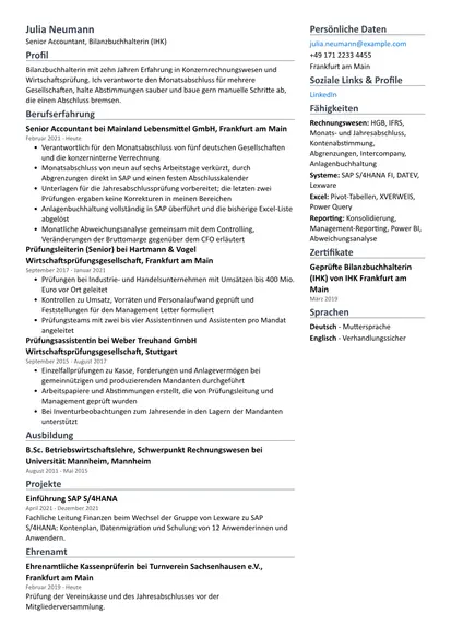 Beispiel-Lebenslauf Buchhalter im Layout Zweispaltig