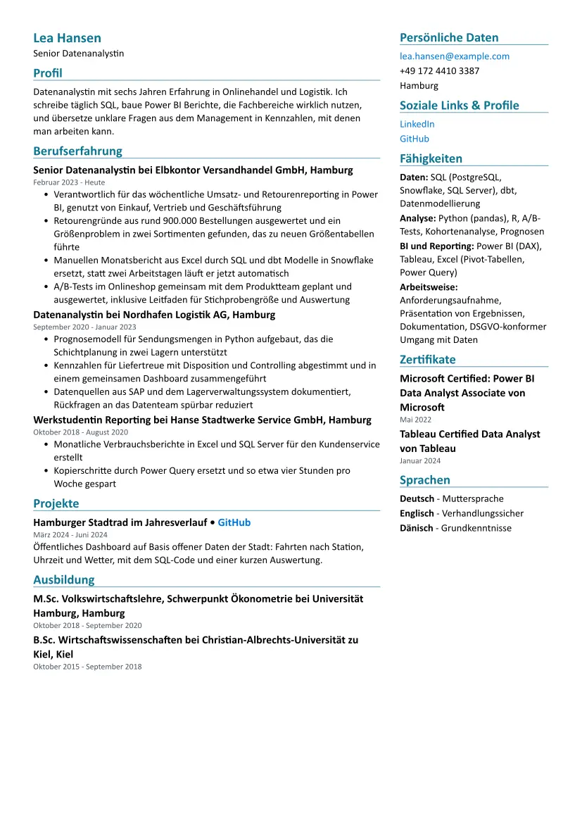 Beispiel-Lebenslauf Datenanalyst im Layout Zweispaltig