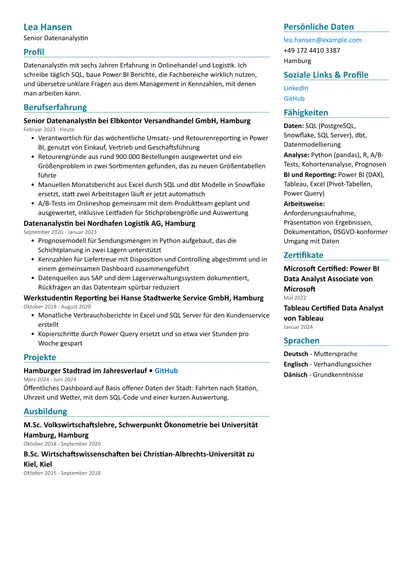 Beispiel-Lebenslauf Datenanalyst im Layout Zweispaltig