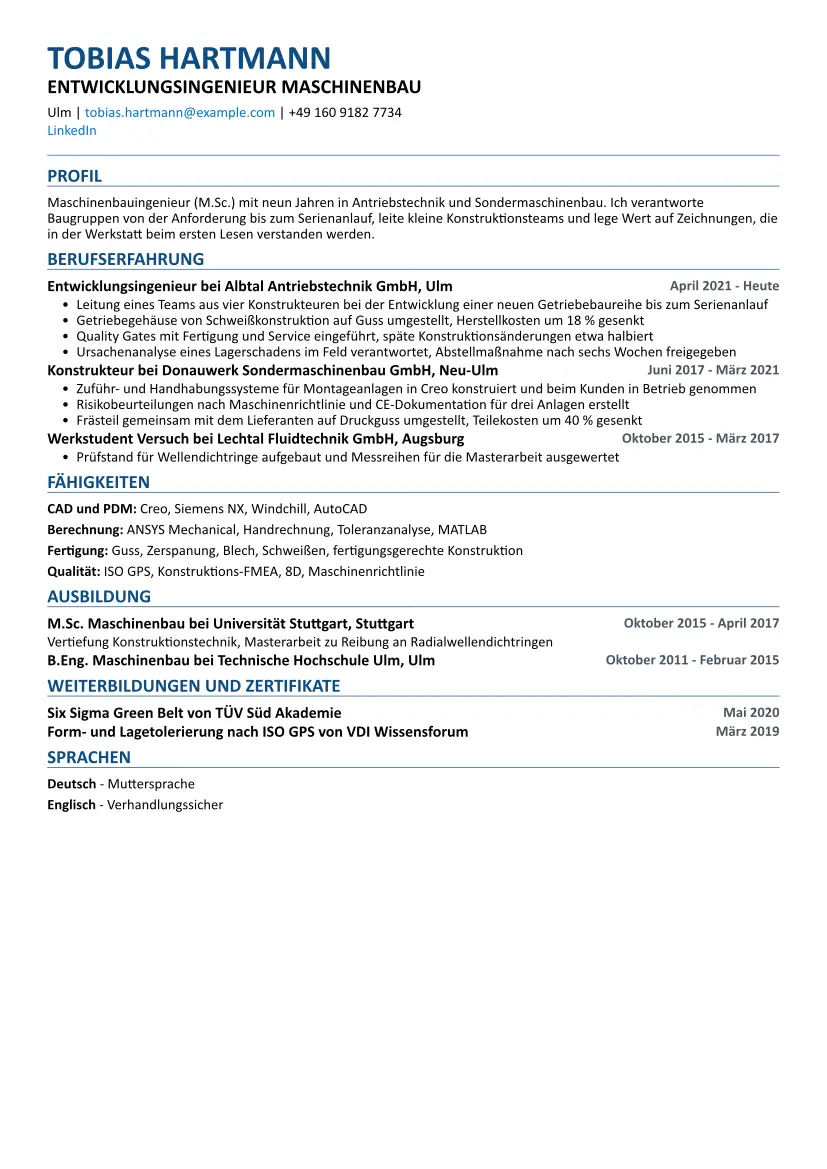 Beispiel-Lebenslauf Maschinenbauingenieur im Layout ATS-freundlich
