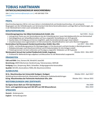 Beispiel-Lebenslauf Maschinenbauingenieur im Layout ATS-freundlich