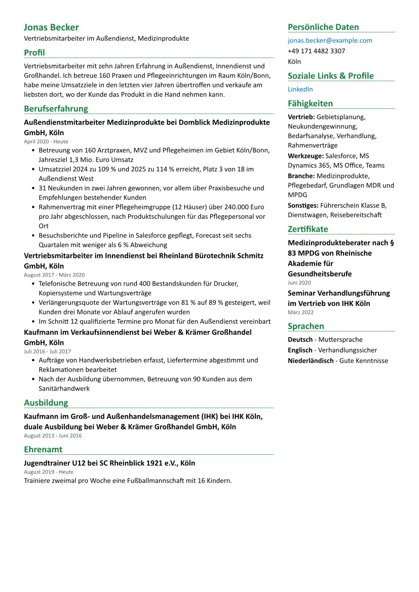 Beispiel-Lebenslauf Vertriebsmitarbeiter im Layout Zweispaltig