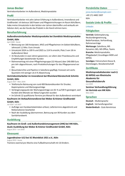 Beispiel-Lebenslauf Vertriebsmitarbeiter im Layout Zweispaltig
