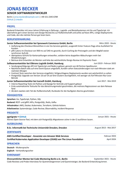 Beispiel-Lebenslauf Softwareentwickler im Layout ATS-freundlich