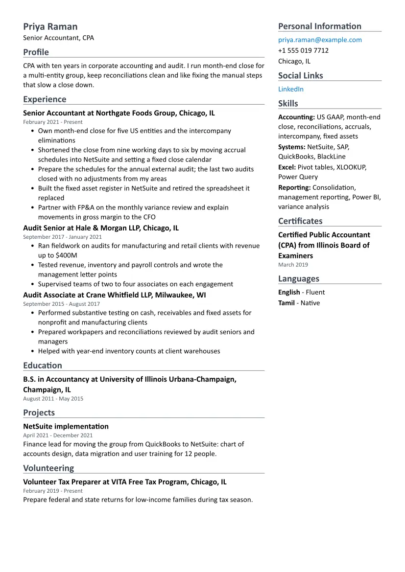 Accountant resume sample in the Two Column layout