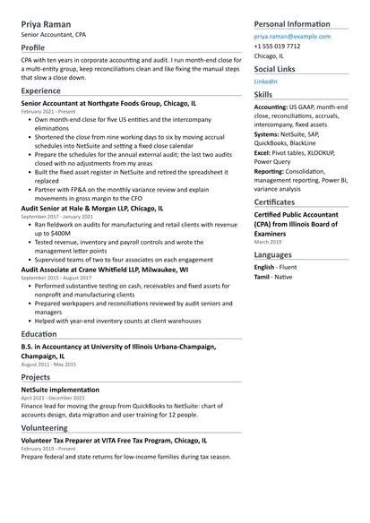 Accountant resume sample in the Two Column layout