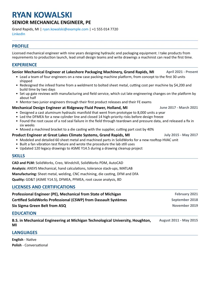 Mechanical Engineer resume sample in the ATS Friendly layout