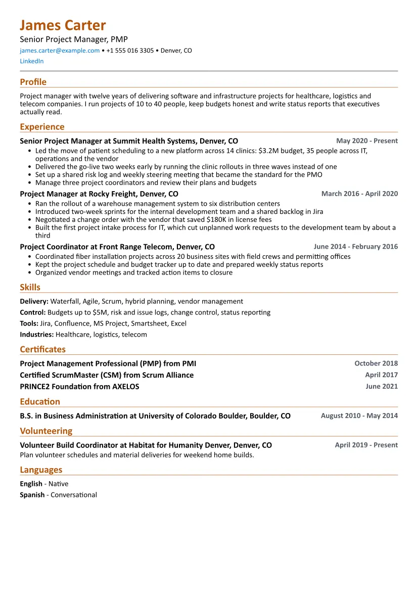 Project Manager resume sample in the Compact layout