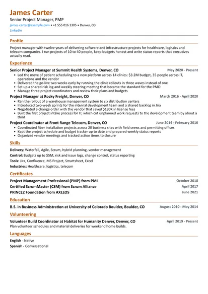Project Manager resume sample in the Compact layout