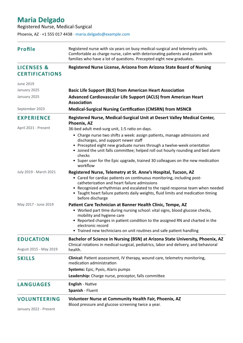 Registered Nurse resume sample in the Simple layout