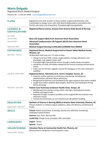 Registered Nurse resume sample in the Simple layout