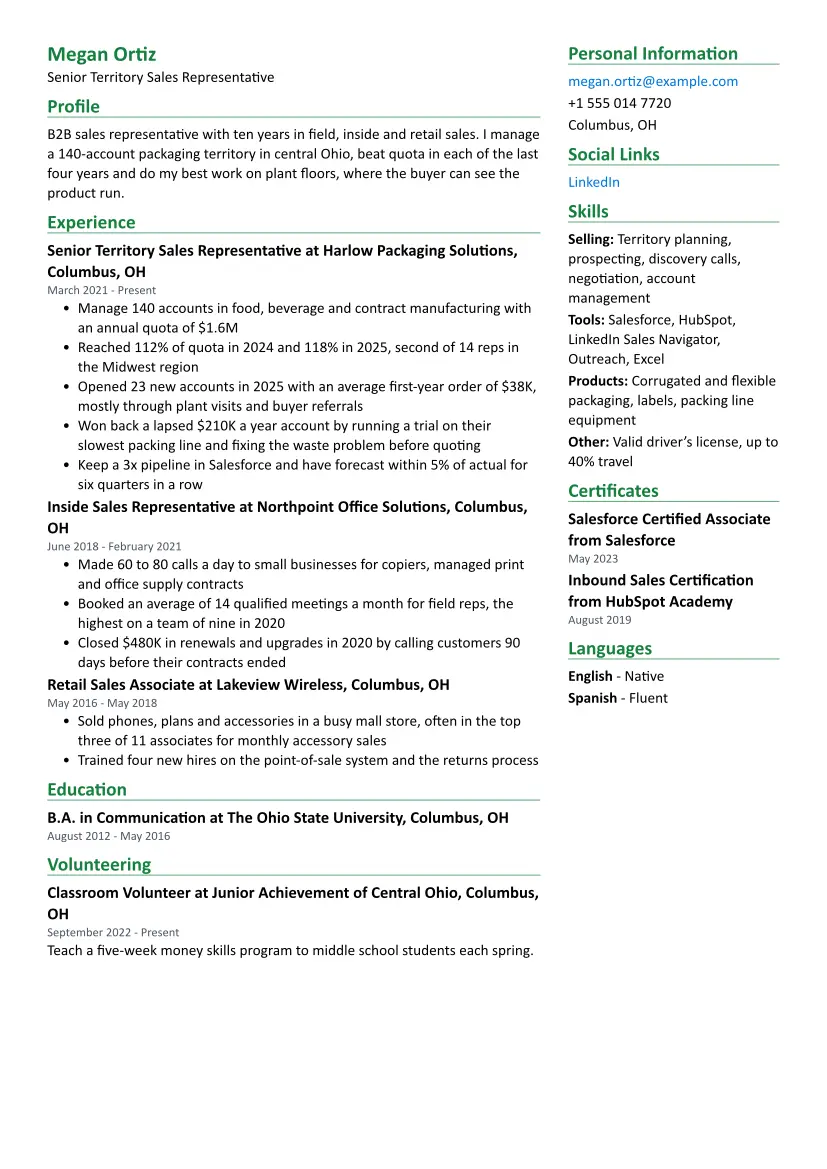 Sales Representative resume sample in the Two Column layout