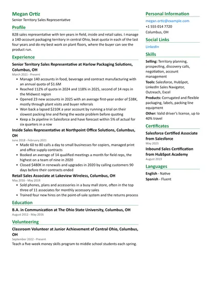 Sales Representative resume sample in the Two Column layout