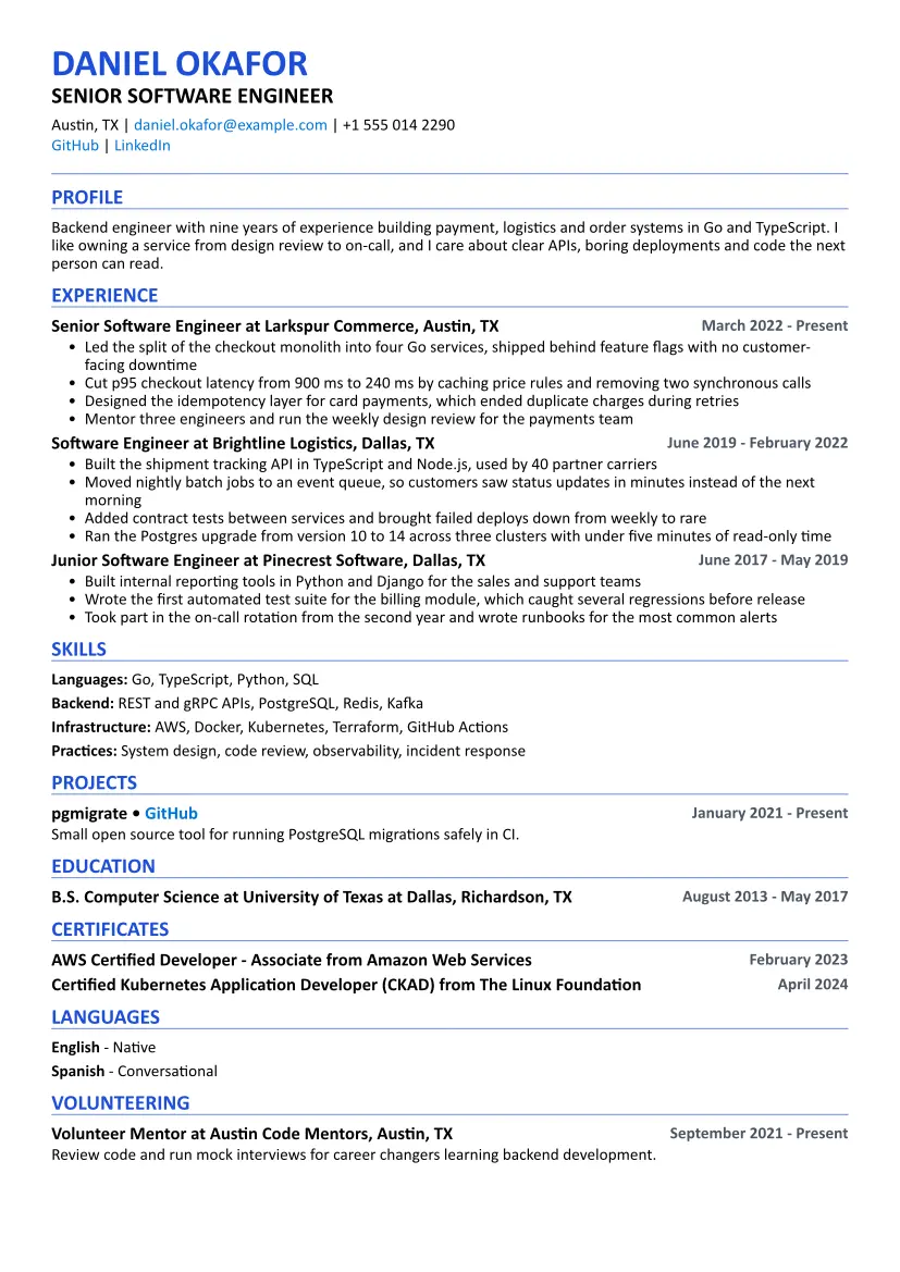 Software Engineer resume sample in the ATS Friendly layout