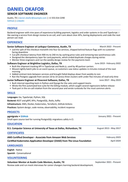 Software Engineer resume sample in the ATS Friendly layout