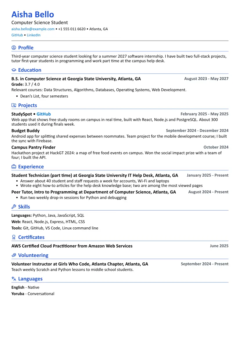 Student resume sample in the Compact layout