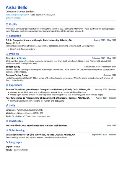 Student resume sample in the Compact layout