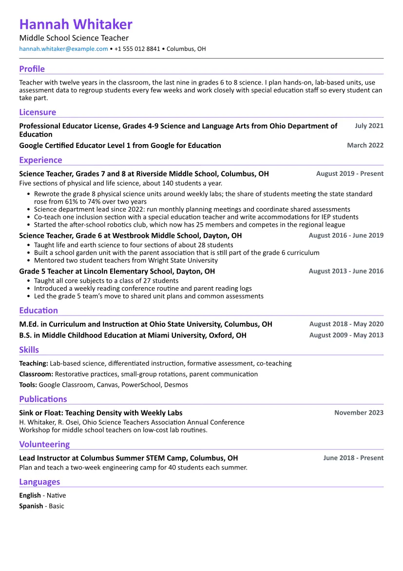 Teacher resume sample in the Compact layout