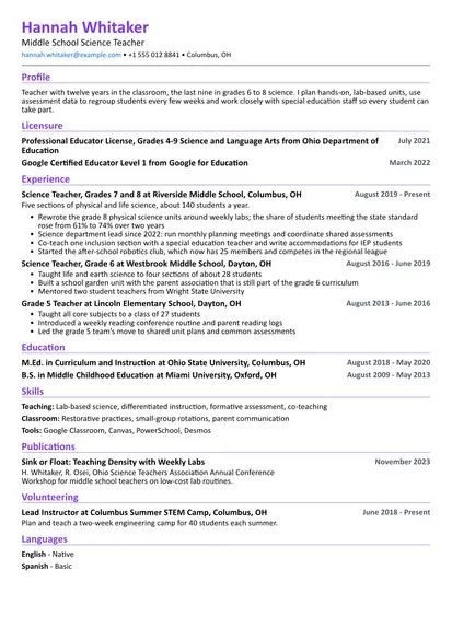 Teacher resume sample in the Compact layout