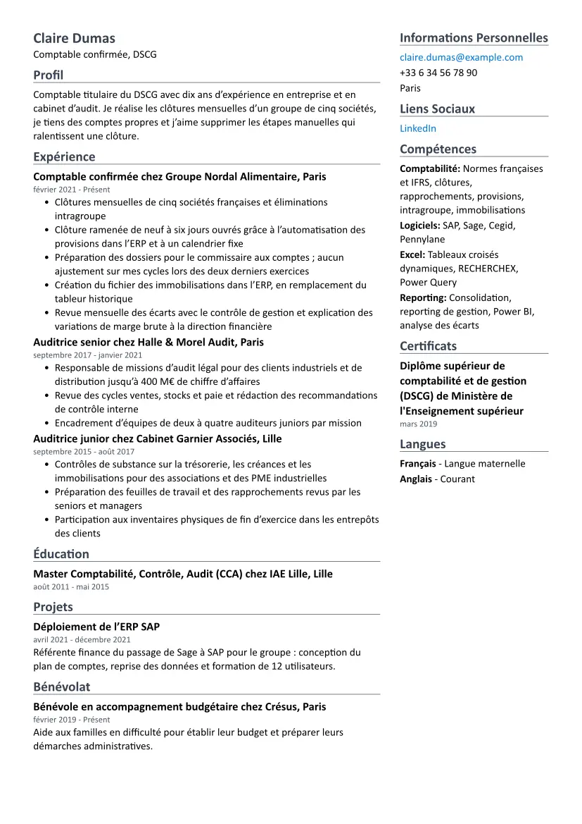 Exemple de CV Comptable avec la mise en page Deux colonnes