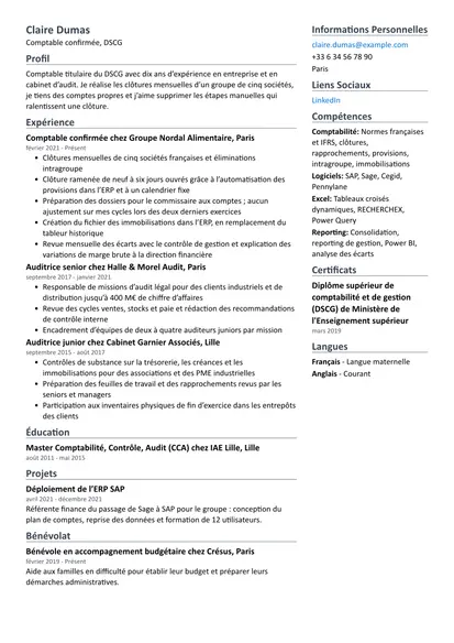 Exemple de CV Comptable avec la mise en page Deux colonnes