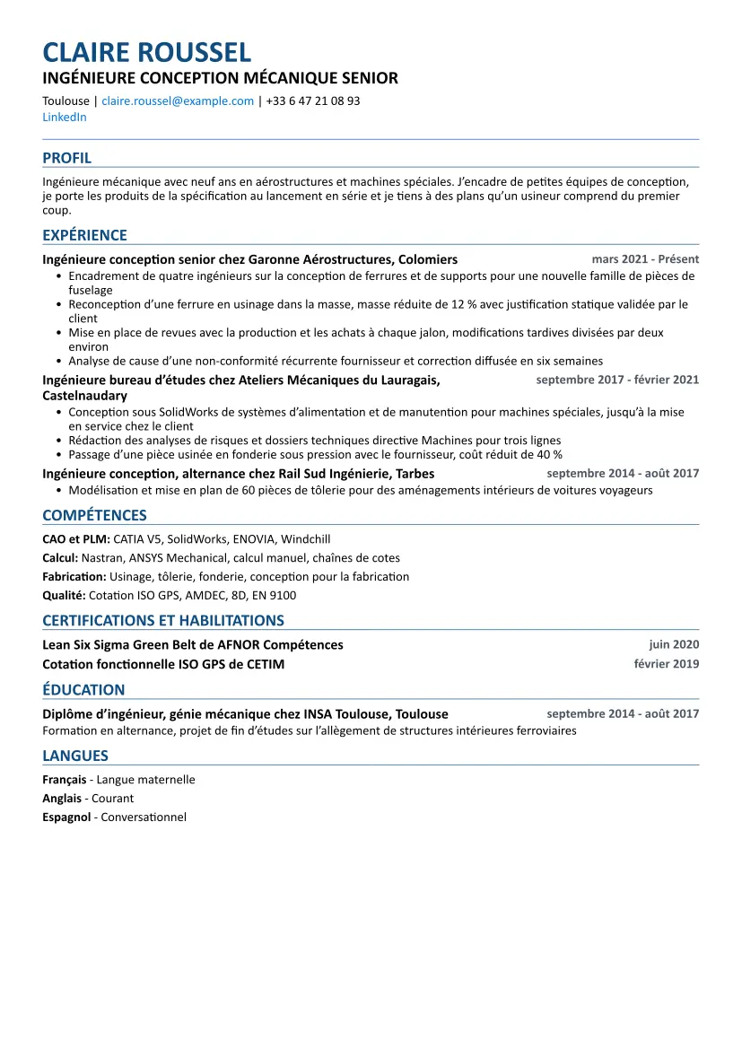 Exemple de CV Ingénieur mécanique avec la mise en page Compatible ATS