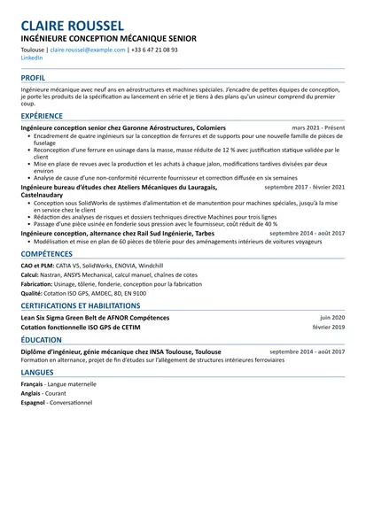 Exemple de CV Ingénieur mécanique avec la mise en page Compatible ATS