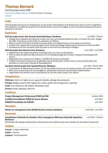 Exemple de CV Chef de projet avec la mise en page Compact