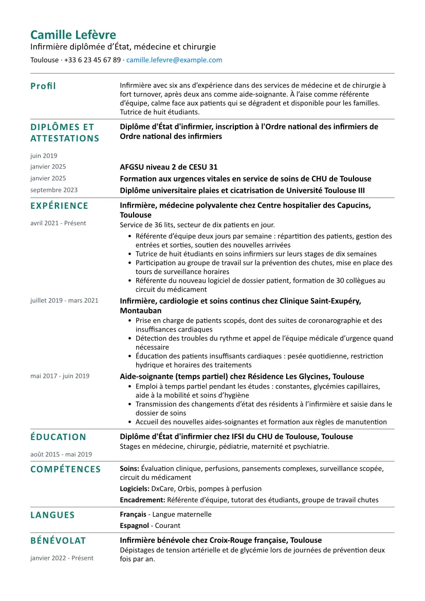 Exemple de CV Infirmier / Infirmière avec la mise en page Simple