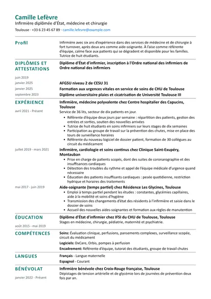 Exemple de CV Infirmier / Infirmière avec la mise en page Simple