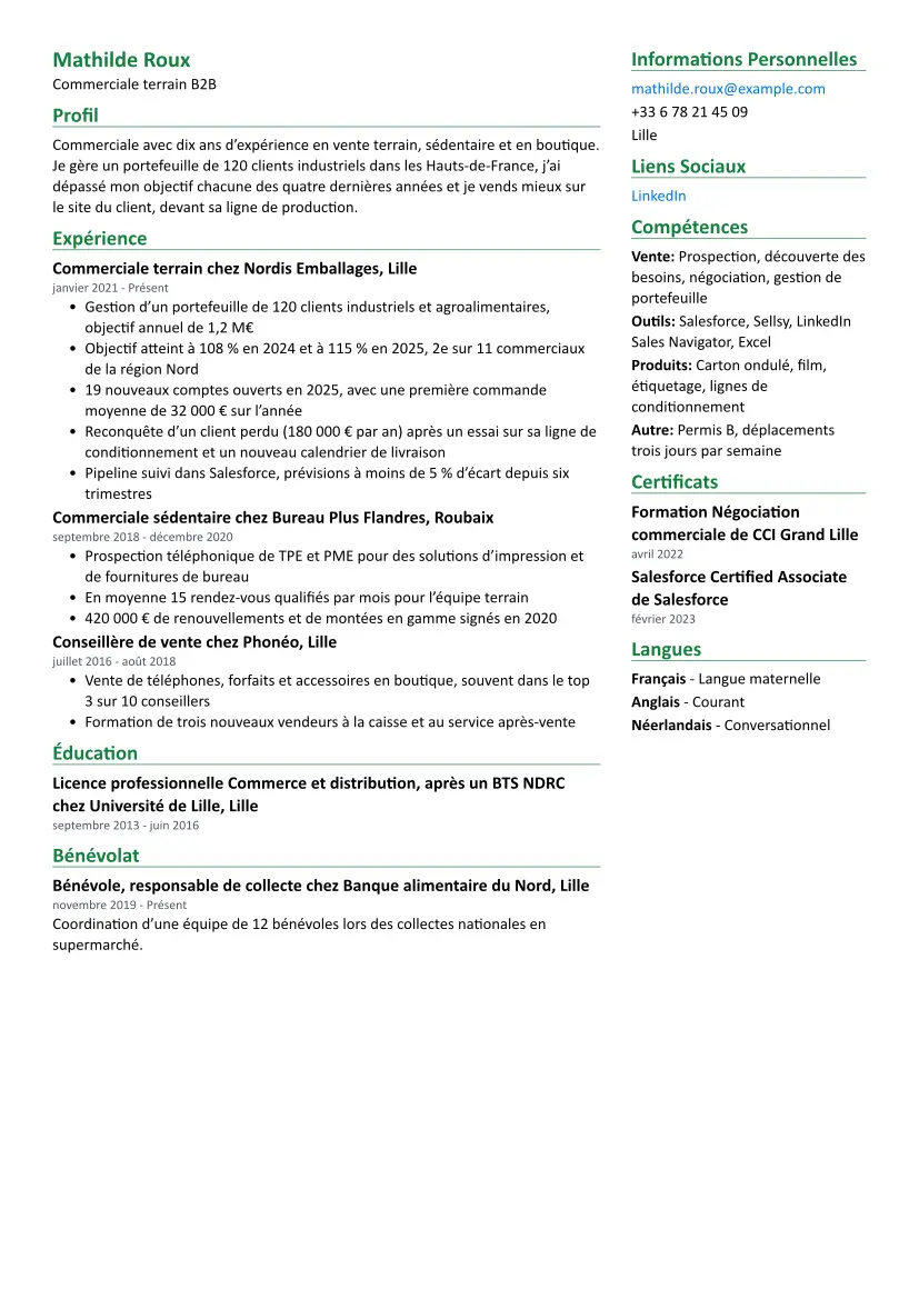 Exemple de CV Commercial avec la mise en page Deux colonnes