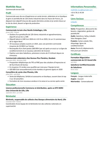 Exemple de CV Commercial avec la mise en page Deux colonnes