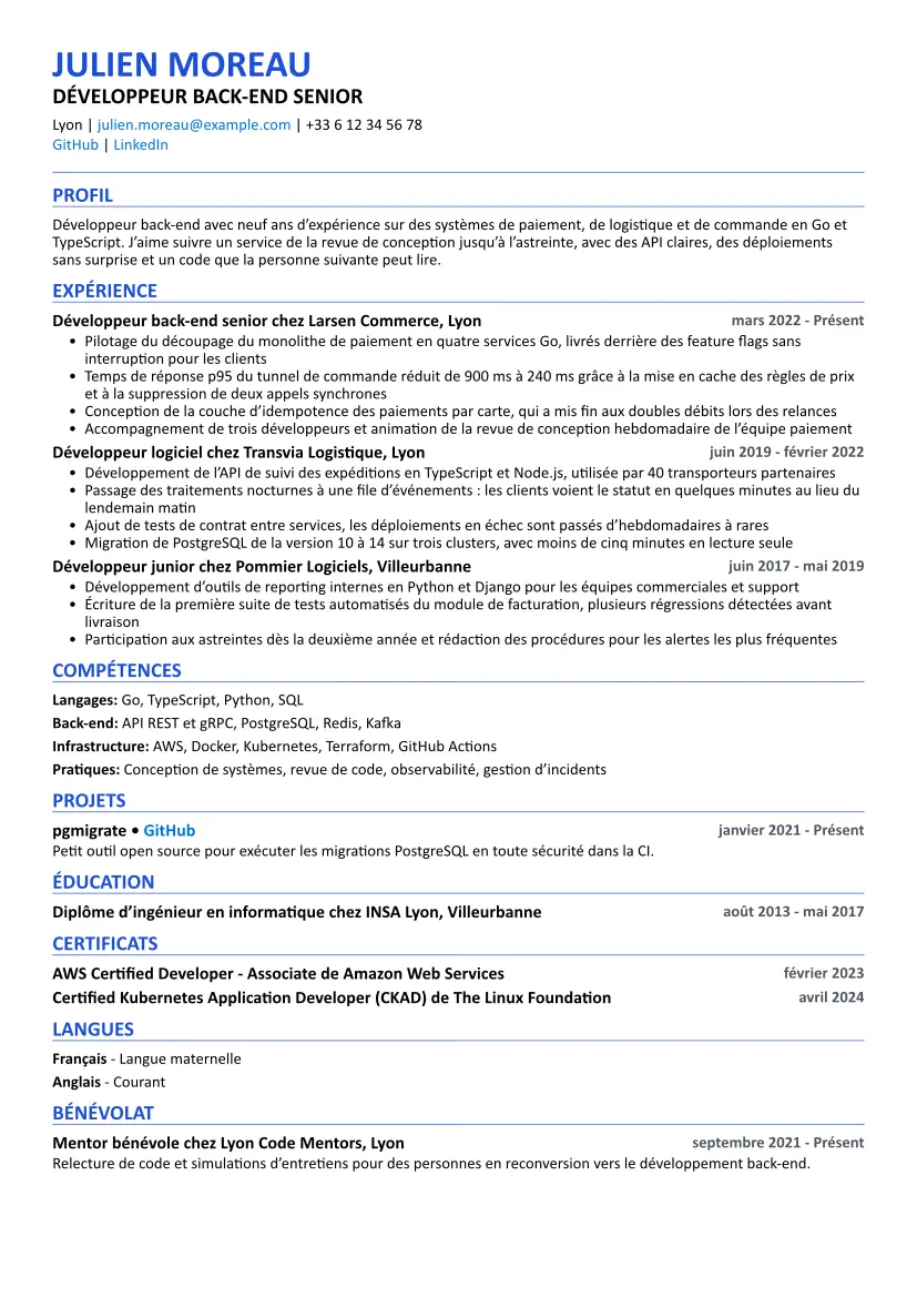 Exemple de CV Développeur logiciel avec la mise en page Compatible ATS