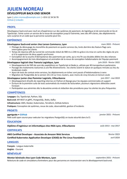 Exemple de CV Développeur logiciel avec la mise en page Compatible ATS