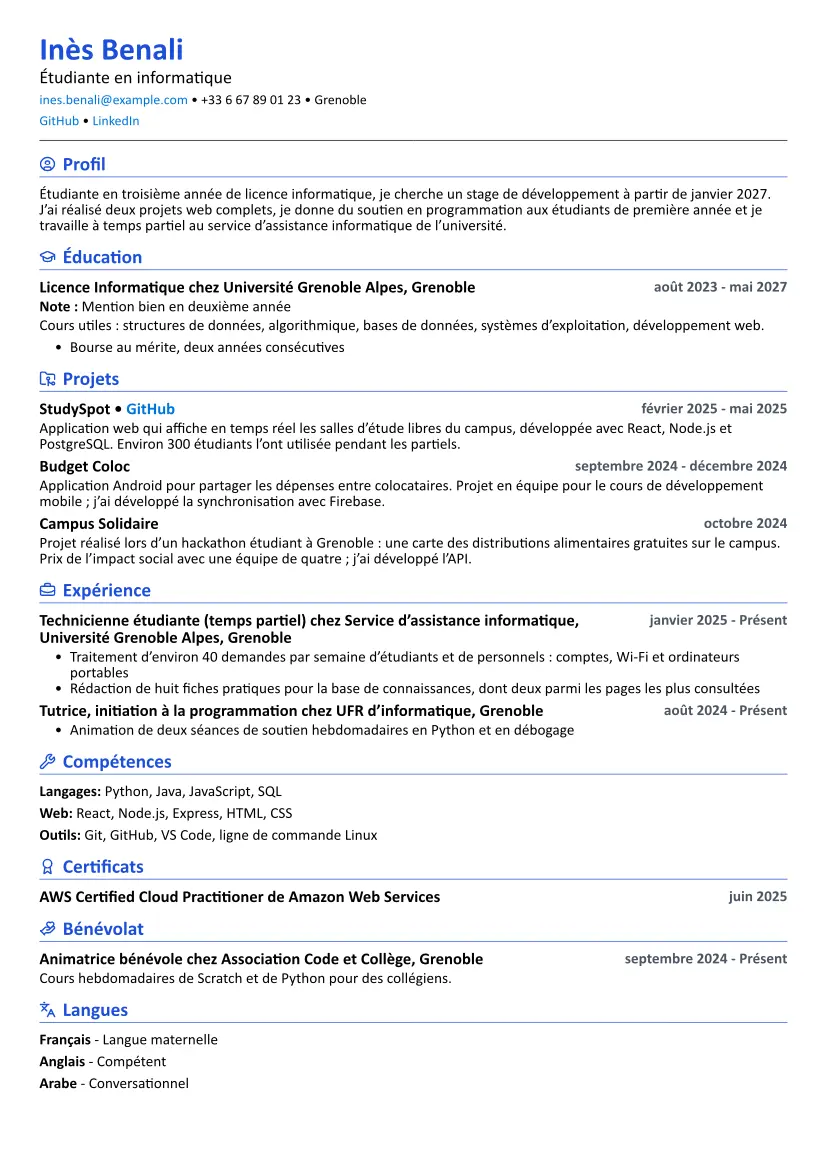 Exemple de CV Étudiant avec la mise en page Compact