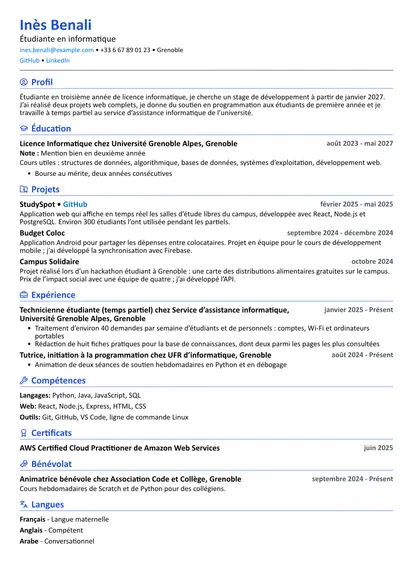 Exemple de CV Étudiant avec la mise en page Compact