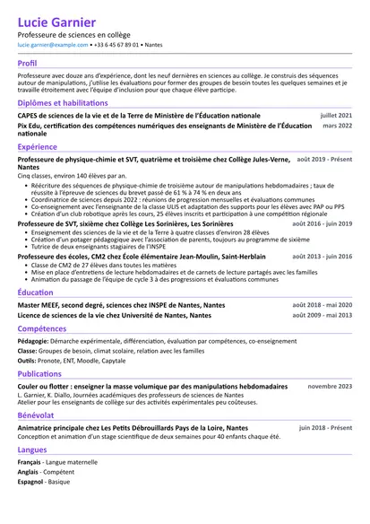 Exemple de CV Enseignant / Professeur avec la mise en page Compact