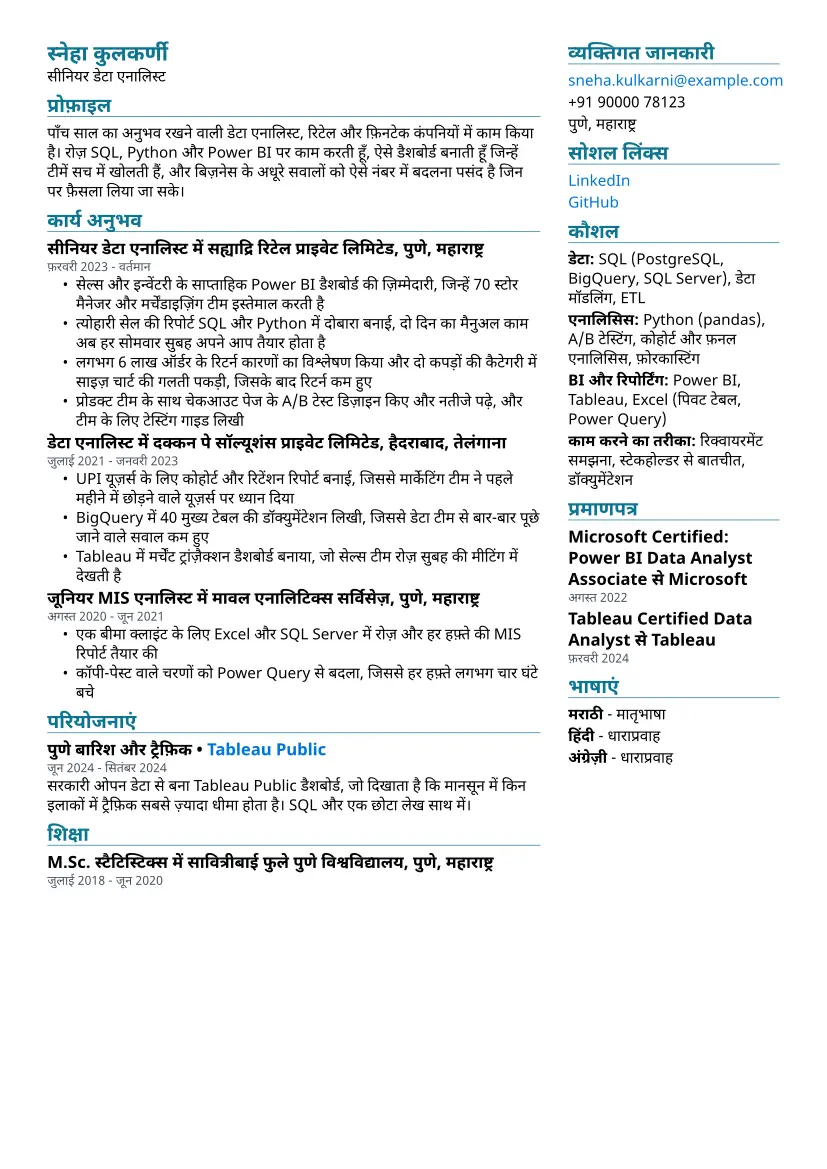 दो कॉलम लेआउट में डेटा एनालिस्ट का सैंपल रिज़्यूमे