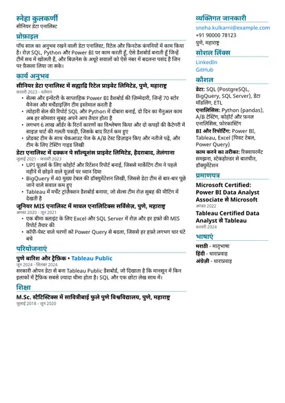 दो कॉलम लेआउट में डेटा एनालिस्ट का सैंपल रिज़्यूमे