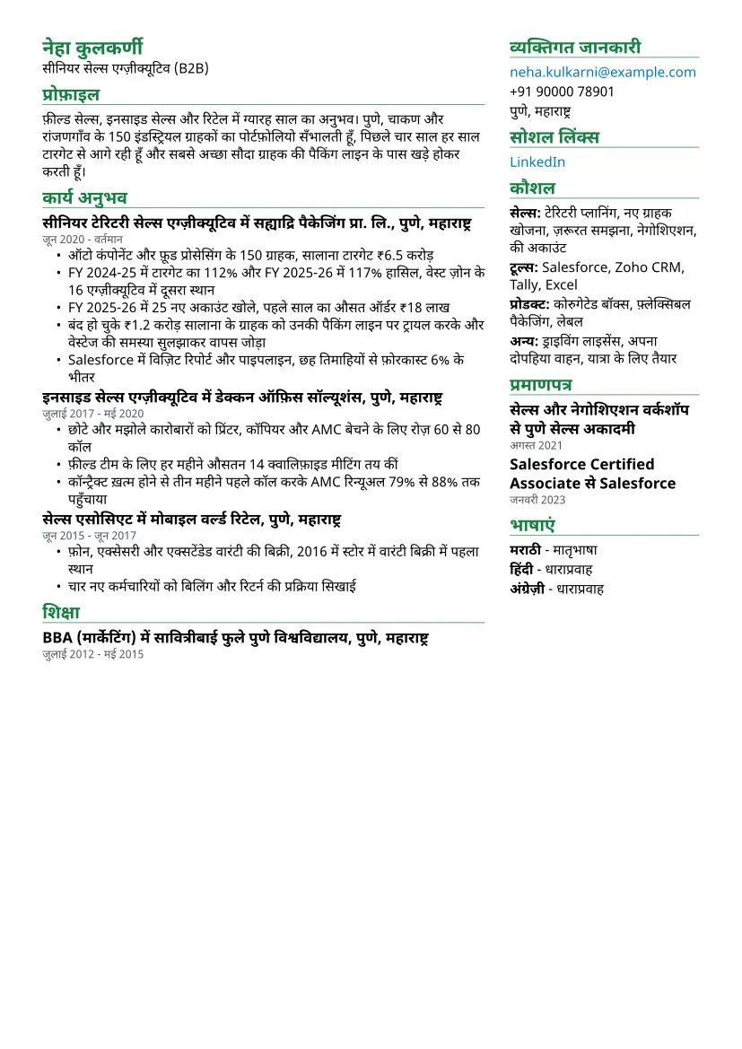 दो कॉलम लेआउट में सेल्स एग्ज़ीक्यूटिव का सैंपल रिज़्यूमे