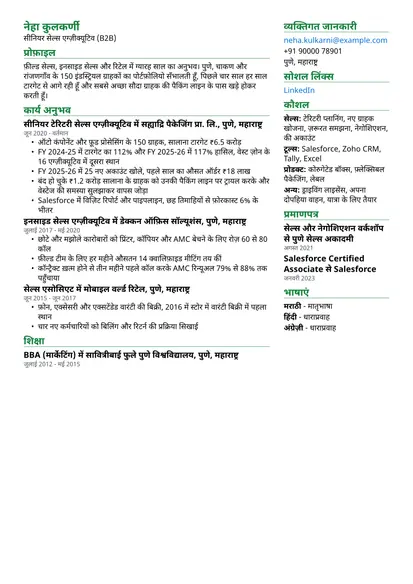 दो कॉलम लेआउट में सेल्स एग्ज़ीक्यूटिव का सैंपल रिज़्यूमे