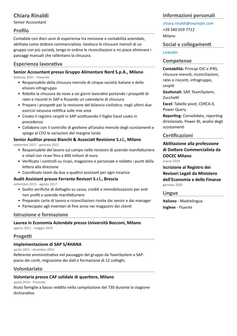Curriculum di esempio per Contabile con layout Due colonne