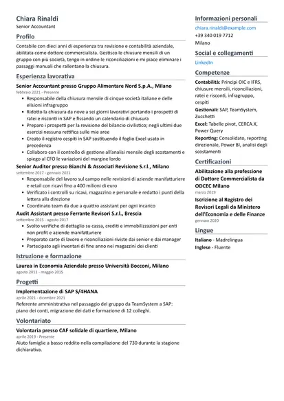 Curriculum di esempio per Contabile con layout Due colonne