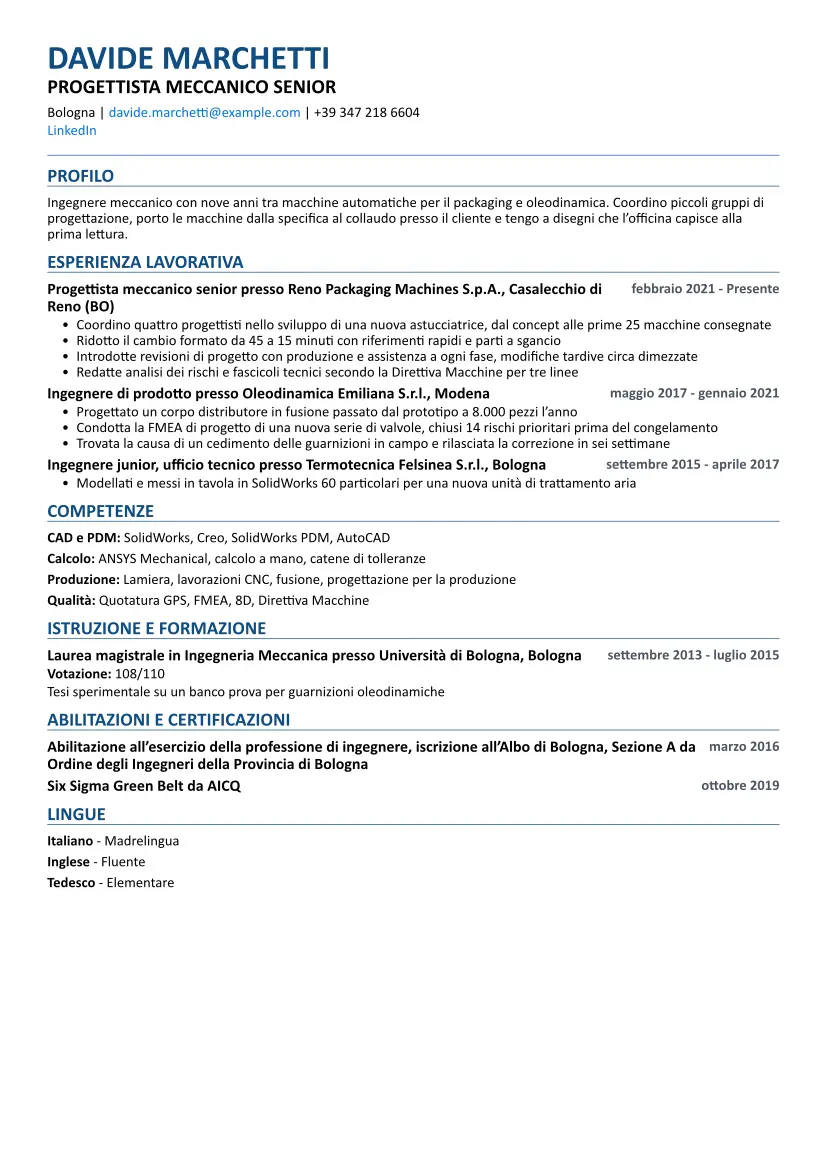 Curriculum di esempio per Ingegnere meccanico con layout Compatibile ATS