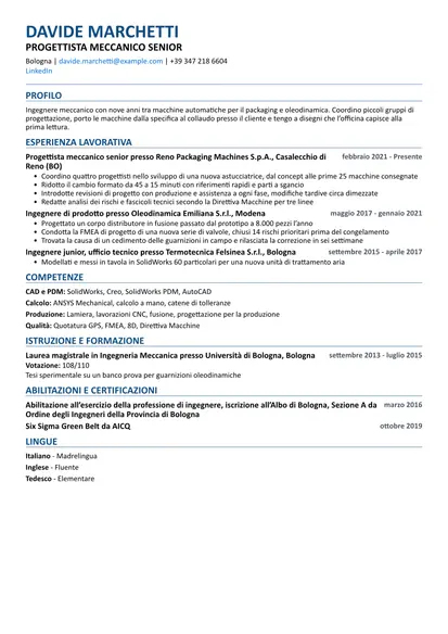 Curriculum di esempio per Ingegnere meccanico con layout Compatibile ATS