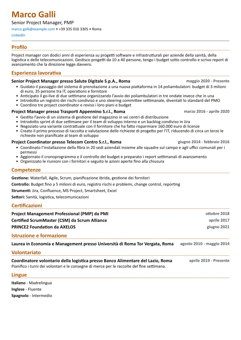 Curriculum di esempio per Project Manager con layout Compatto